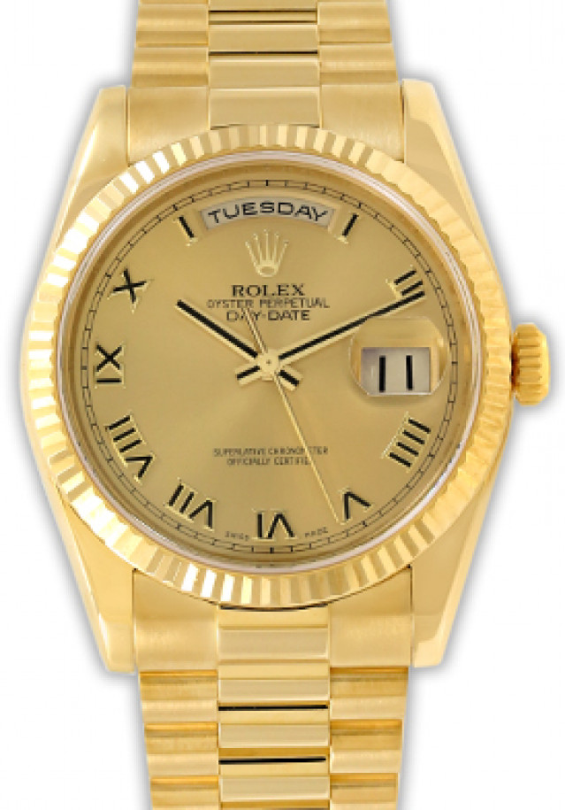 Rolex 118238 Yellow Gold on President, Fluted Bezel Champagne with Gold Roman