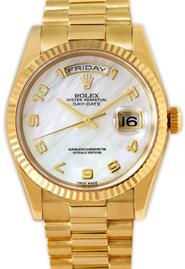 Rolex 118238 Yellow Gold on President, Fluted Bezel White Mother Of Pearl with Gold Roman