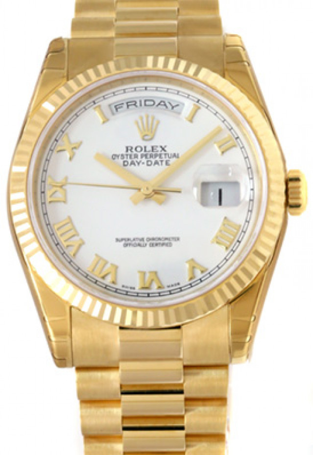 Rolex 118238 Yellow Gold on President, Fluted Bezel White with Gold Roman