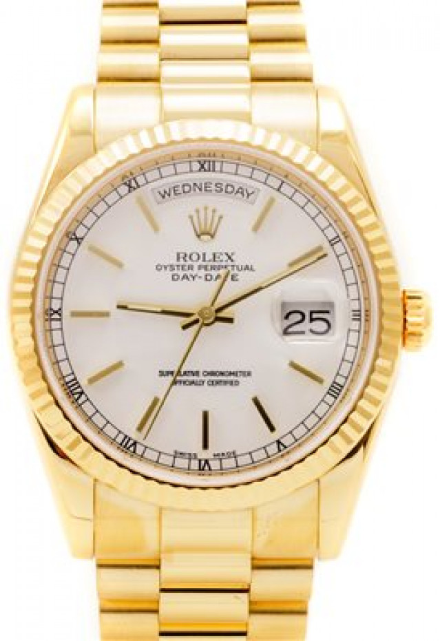 Rolex 118238 Yellow Gold on President, Fluted Bezel White with Gold Index
