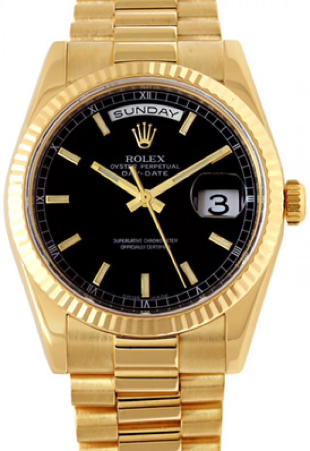 Rolex 118238 Yellow Gold on President, Fluted Bezel Black with Gold Index