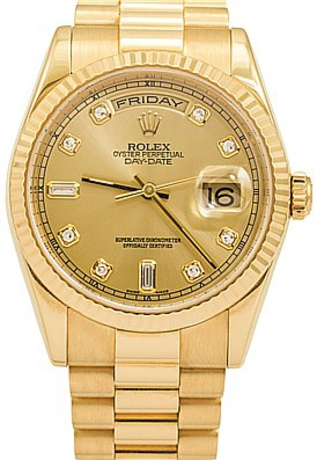 Rolex 118238 Yellow Gold on President, Fluted Bezel Champagne Diamond Dial