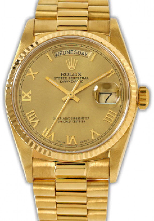 Rolex 18038 Yellow Gold on President, Fluted Bezel Champagne with Gold Roman