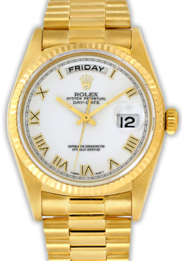 Rolex 18038 Yellow Gold on President, Fluted Bezel White with Gold Roman
