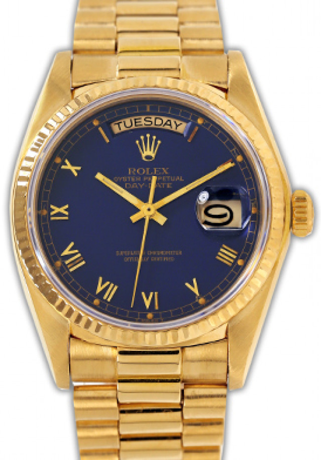 Rolex 18038 Yellow Gold on President, Fluted Bezel Blue with Gold Roman
