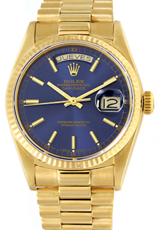 Rolex 18038 Yellow Gold on President, Fluted Bezel Blue Spanish Calender with Gold Index