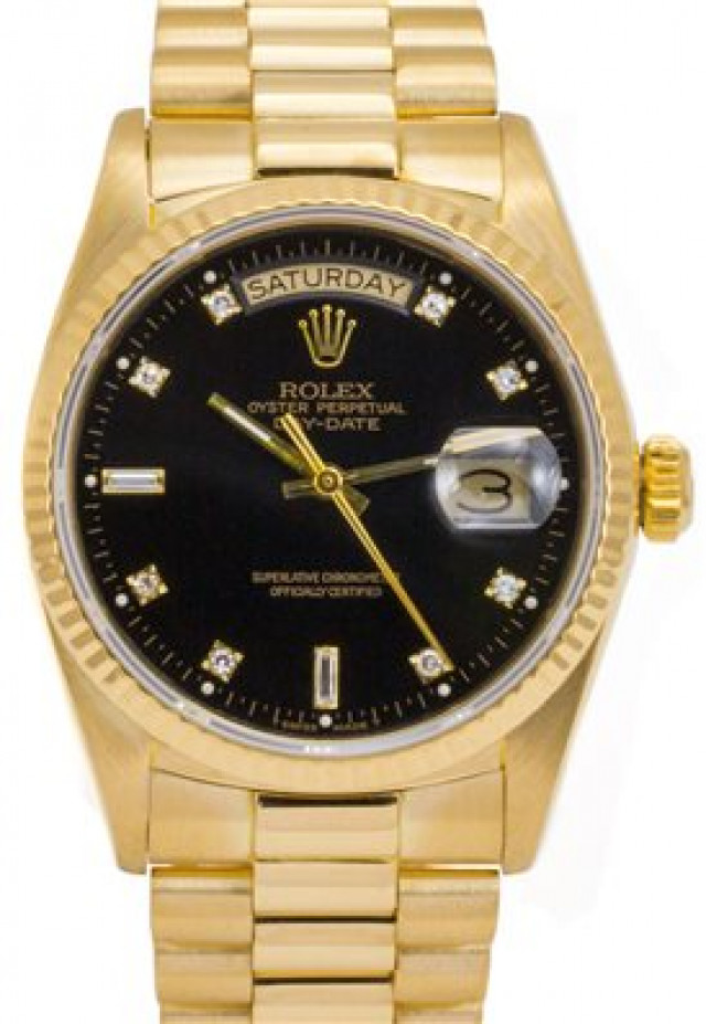 Rolex 18038 Yellow Gold on President, Fluted Bezel Black Diamond Dial