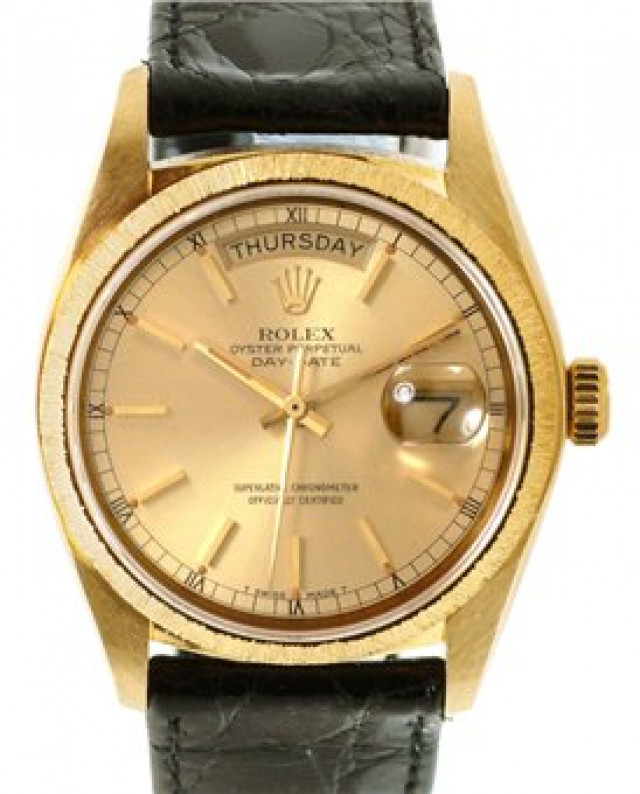 Rolex 18078 Yellow Gold on Strap, Bark Finish Bezel Champagne with Gold Index