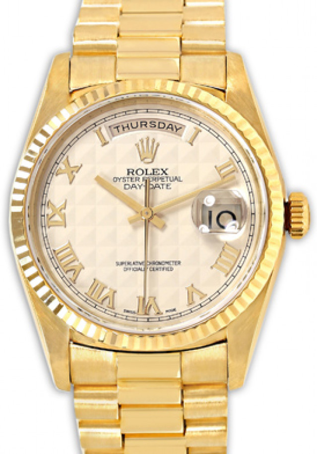 Pre-Owned Rolex Day-Date 18238 with White Pyramid Dial
