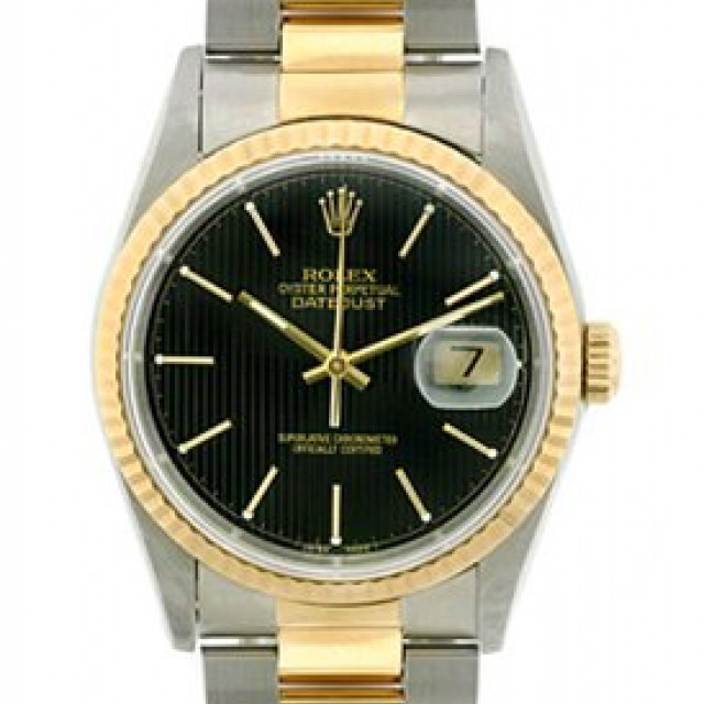 Rolex 16233 Yellow Gold & Steel on Oyster, Fluted Bezel Black Tapestry with Gold Index