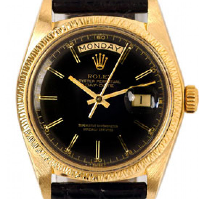 Rolex 1807 Yellow Gold on Strap, Bark Finish Bezel Black with Gold Index