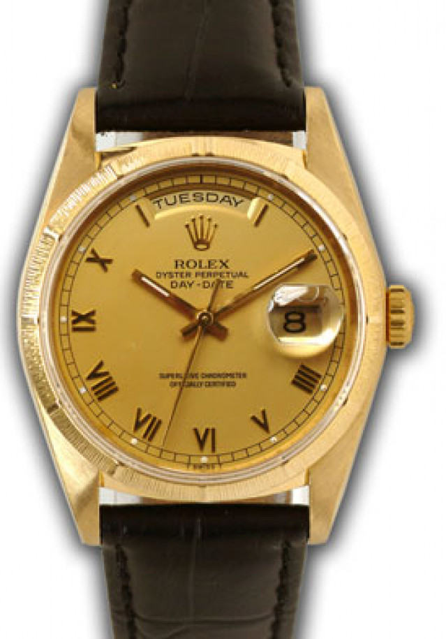 Rolex 18308 Yellow Gold on Strap, Bark Finish Bezel Champagne with Gold Roman