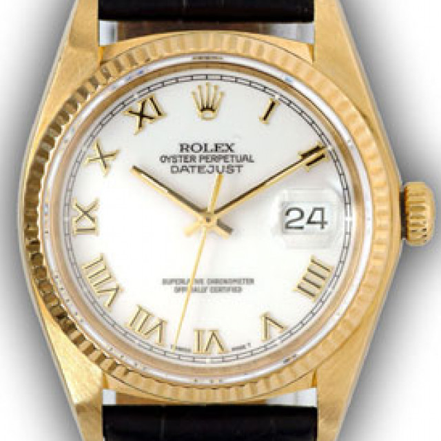 Rolex 16018 Yellow Gold on Strap, Fluted Bezel White with Gold Roman