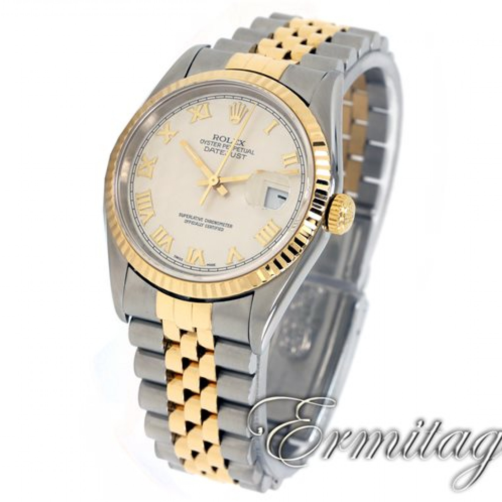 Rolex Datejust Ref 16233 Year 1998 with Pyramid Dial and Gold Roman Markers.