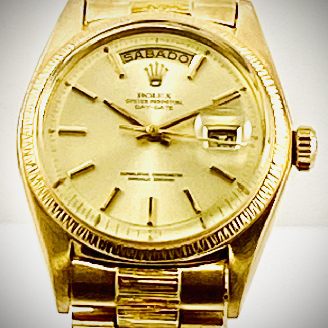 Rolex 1807 Yellow Gold on President, Bark Finish Bezel Champagne with Gold Index