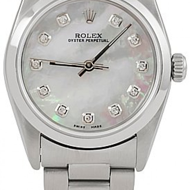 Rolex 77080 Steel on Oyster, Smooth Bezel Mother Of Pearl White Diamond Dial