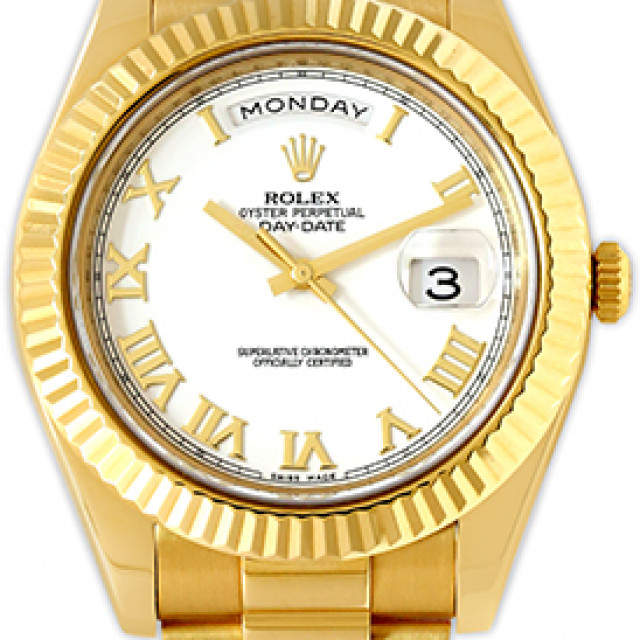 Rolex 218238 Yellow Gold on President, Fluted Bezel White with Gold Roman