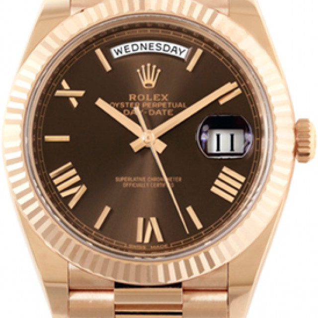 Rolex 228235 Rose Gold on President, Fluted Bezel Brown Chocolate with Black Roman