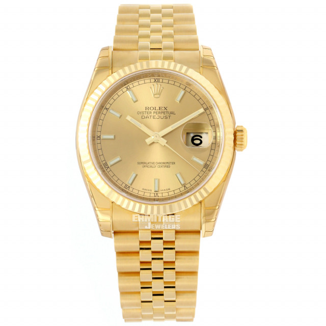 Rolex 116238 Yellow Gold on Jubilee, Fluted Bezel Champagne with Luminous Index