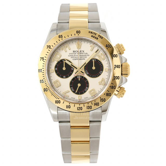 Rolex 116523 Yellow Gold & Steel on Oyster White Panda with Gold Arabic