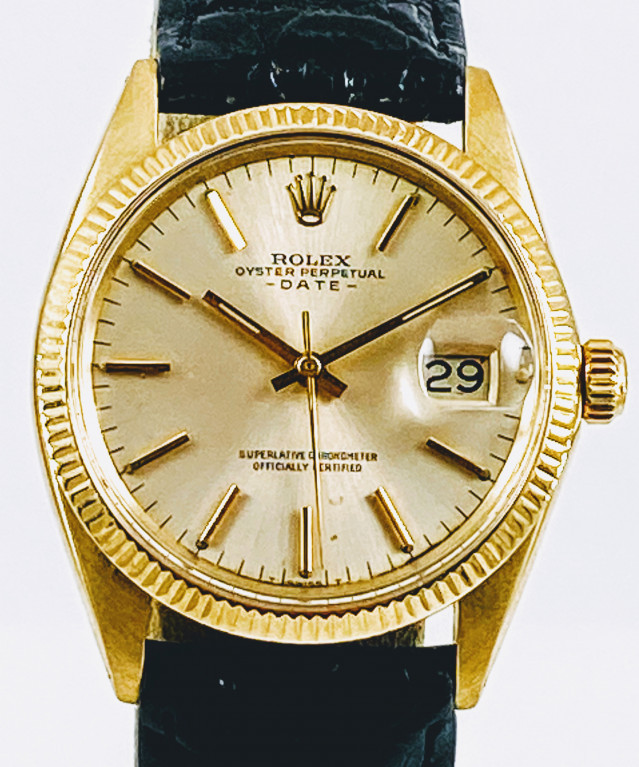 Rolex 1503 Yellow Gold on Strap, Fluted Bezel Steel with Gold Index