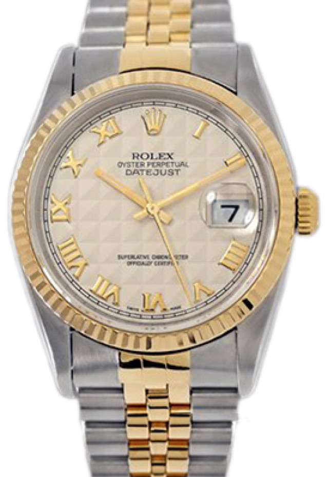 Rolex Datejust Ref 16233 Year 1998 with Pyramid Dial and Gold Roman Markers.