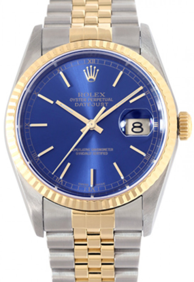 Rolex 16233 Yellow Gold & Steel on Jubilee, Fluted Bezel Blue with Gold Index