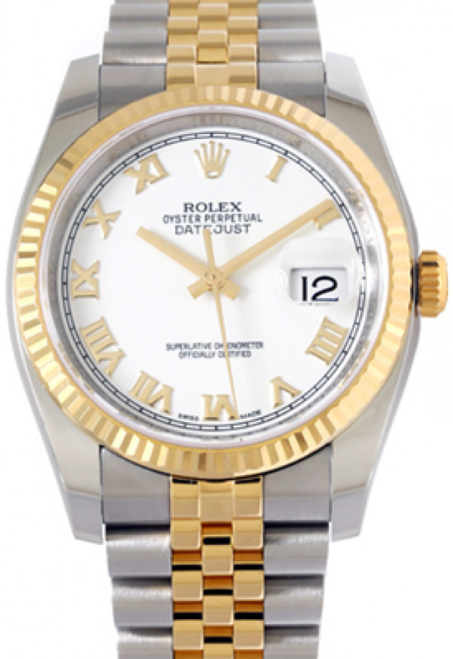Rolex 116233 Yellow Gold & Steel on Jubilee, Fluted Bezel White with Gold Roman