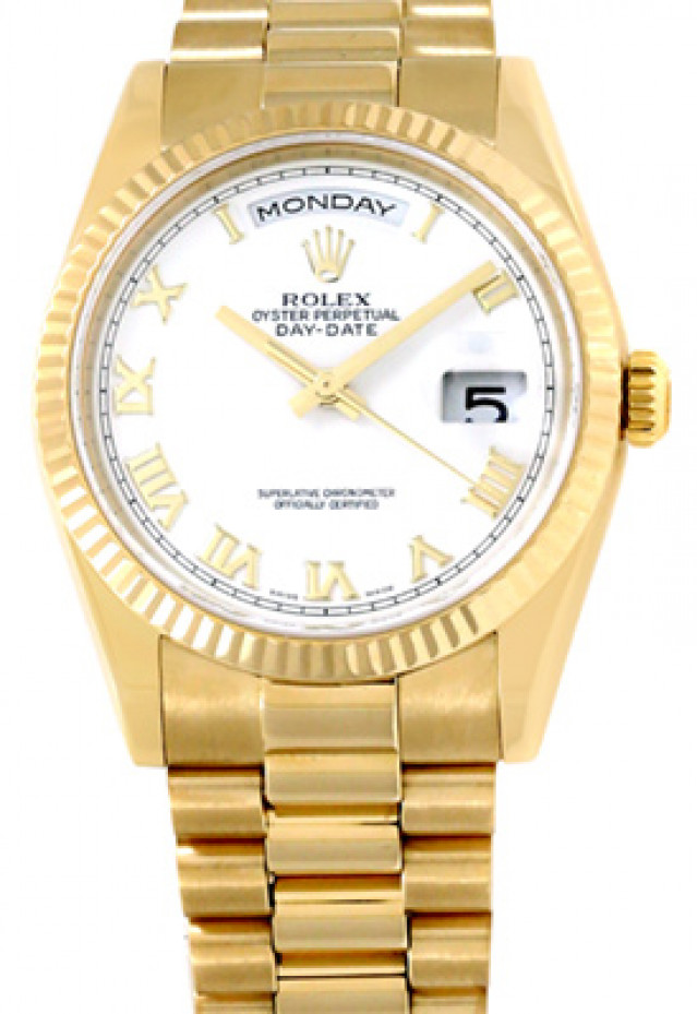 Rolex 118238 Yellow Gold on President, Fluted Bezel White with Gold Roman