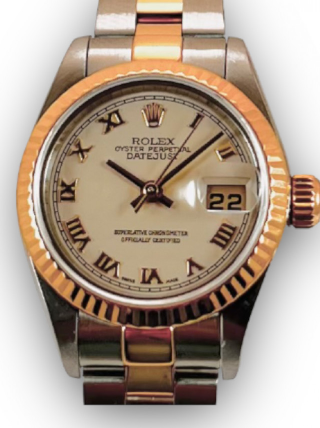 Rolex 69173 Yellow Gold & Steel on Jubilee, Fluted Bezel White Mother Of Pearl with Gold Roman