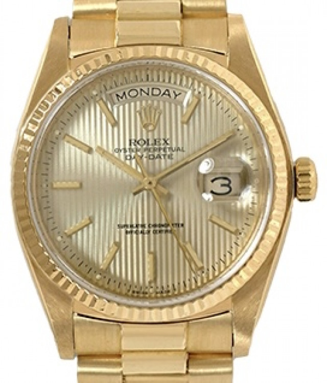 Rolex 18038 Yellow Gold on President, Fluted Bezel Champagne Tapestry with Gold Index