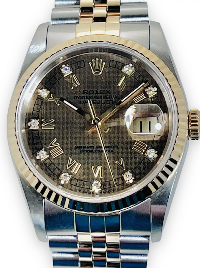 Rolex 16233 Yellow Gold & Steel on Jubilee, Fluted Bezel Champagne Tapestry with Gold Index