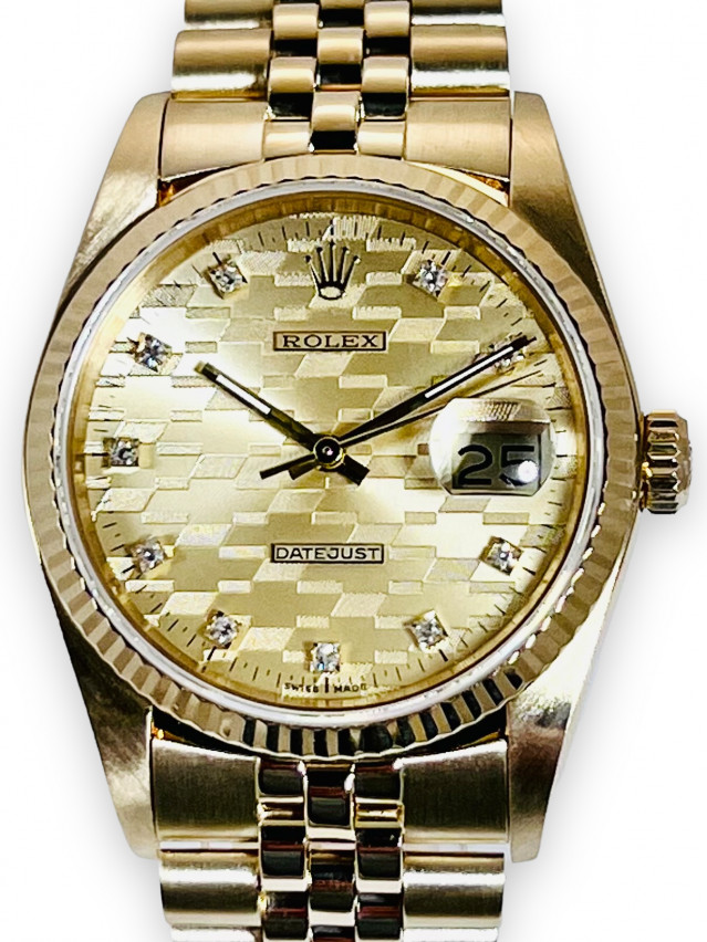 Rolex 16018 Yellow Gold on Jubilee, Fluted Bezel Gilt, Chevrolet Pattern Champagne Diamond Dial