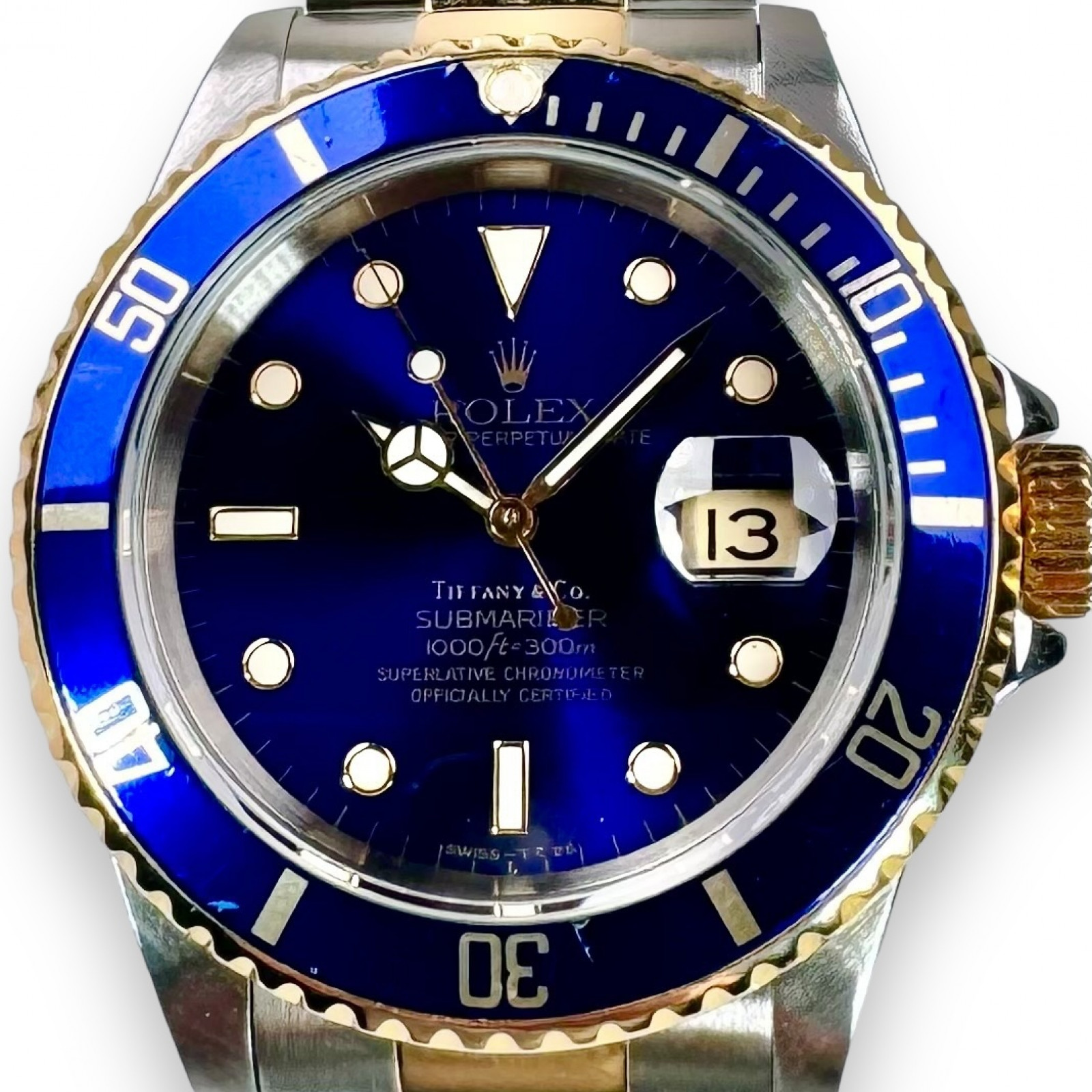 1990 Gold Steel Blue Bezel Dial Rolex Submariner 16613 Tiffany