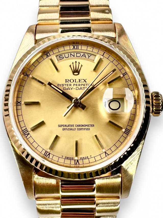 Rolex 18038 Yellow Gold on President, Fluted Bezel Champagne with Gold Index